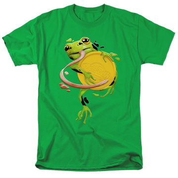Kelly green men's regular fit t-shirt with Play-doh Frog Hugging Lid graphic