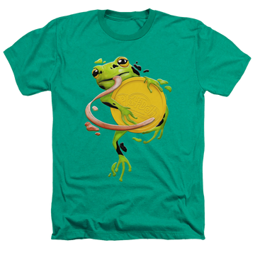 Kelly green men's heather t-shirt with Play-doh Frog Hugging Lid graphic