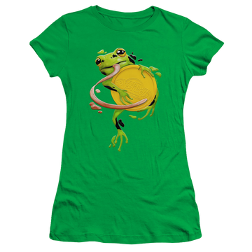 Kelly green juniors t-shirt with Play-doh Frog Hugging Lid graphic