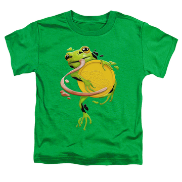 Kelly green kid's t-shirt for ages 4 to 7 with Play-doh Frog Hugging Lid graphic