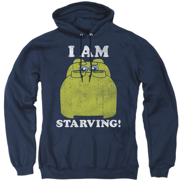 Navy pullover hoodie with Hungry Hungry Hippos I'm Starving graphic