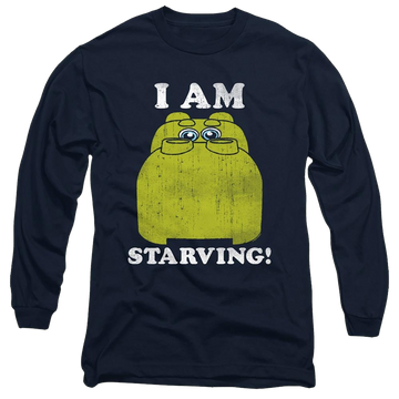 Navy men's long sleeve t-shirt with Hungry Hungry Hippos I'm Starving graphic