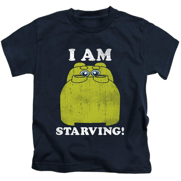 Navy kid's t-shirt for ages 4 to 7 with Hungry Hungry Hippos I'm Starving graphic