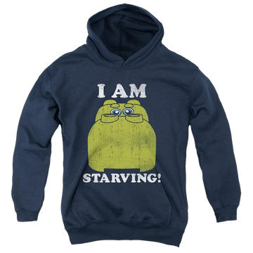 Navy youth hoodie for ages 8 to 12 with Hungry Hungry Hippos I'm Starving graphic