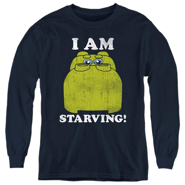 Navy youth long sleeve t-shirt with Hungry Hungry Hippos I'm Starving graphic