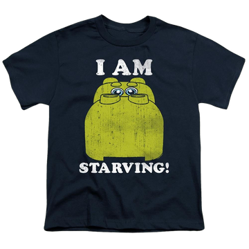 Navy youth t-shirt for ages 8 to 12 with Hungry Hungry Hippos I'm Starving graphic