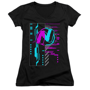 Black juniors v-neck t-shirt with Nerf Cyber graphic