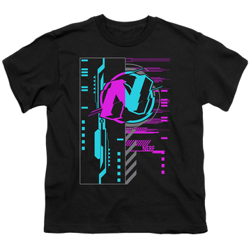 Black youth t-shirt for ages 8 to 12 with Nerf Cyber graphic