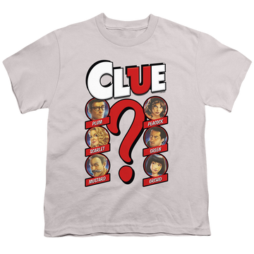 Silver youth t-shirt for ages 8 to 12 with Game of Clue Modern Who Dunnit graphic