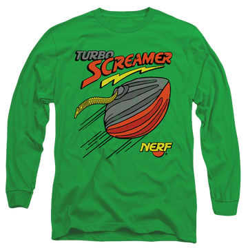 Kelly green men's long sleeve t-shirt with Nerf Turbo Screamer graphic