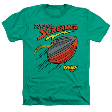 Kelly green men's heather t-shirt with Nerf Turbo Screamer graphic