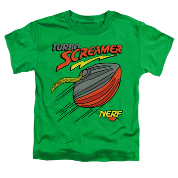 Kelly green kid's t-shirt for ages 4 to 7 with Nerf Turbo Screamer graphic