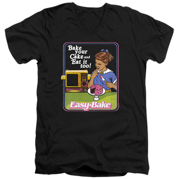 Black men's v-neck t-shirt with Easy Bake Oven Bake Your Cake graphic