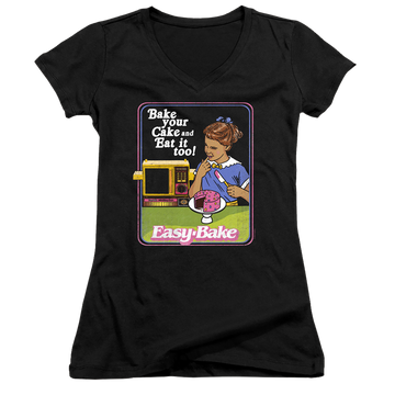 Black juniors v-neck t-shirt with Easy Bake Oven Bake Your Cake graphic