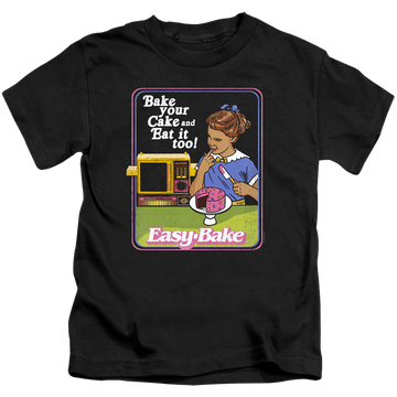 Black kid's t-shirt for ages 4 to 7 with Easy Bake Oven Bake Your Cake graphic
