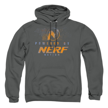 Charcoal pullover hoodie with Powered By Nerf Nation graphic
