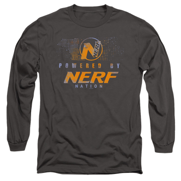 Charcoal men's long sleeve t-shirt with Powered By Nerf Nation graphic