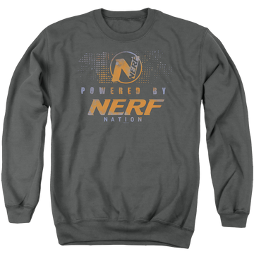 Charcoal men's crewneck sweatshirt with Powered By Nerf Nation graphic