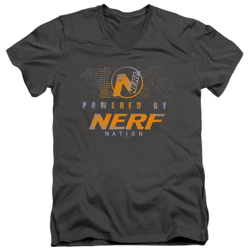 Charcoal men's v-neck t-shirt with Powered By Nerf Nation graphic