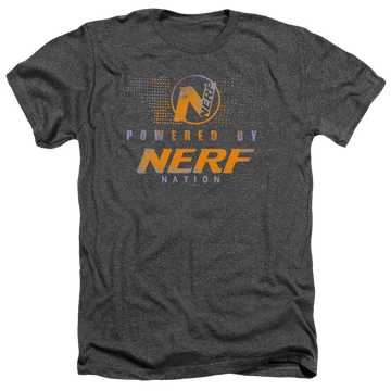 Charcoal men's heather t-shirt with Powered By Nerf Nation graphic