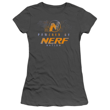 Charcoal juniors t-shirt with Powered By Nerf Nation graphic
