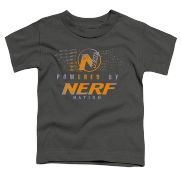 Charcoal kid's t-shirt for ages 4 to 7 with Powered By Nerf Nation graphic