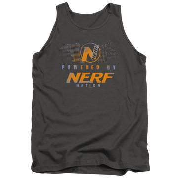 Charcoal men's tank with Powered By Nerf Nation graphic