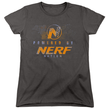 Charcoal women's t-shirt with Powered By Nerf Nation graphic