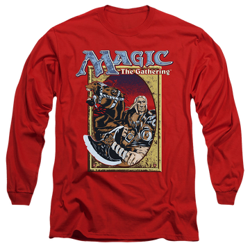 Red men's long sleeve t-shirt with Magic the Gathering Fifth Edition Deck Art graphic