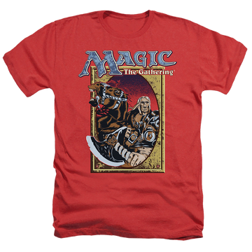 Red men's heather t-shirt with Magic the Gathering Fifth Edition Deck Art graphic