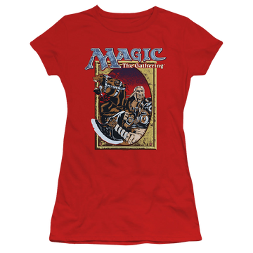 Red juniors t-shirt with Magic the Gathering Fifth Edition Deck Art graphic