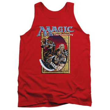 Red men's tank with Magic the Gathering Fifth Edition Deck Art graphic