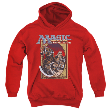Red youth hoodie for ages 8 to 12 with Magic the Gathering Fifth Edition Deck Art graphic