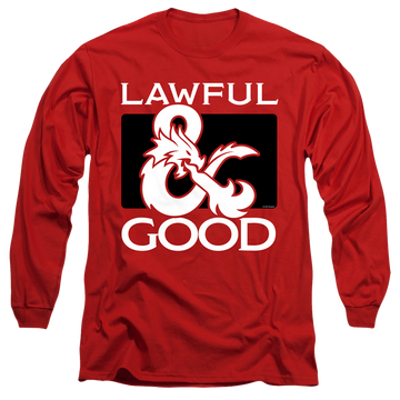 Red men's long sleeve t-shirt with Dungeons & Dragons Lawful Good graphic