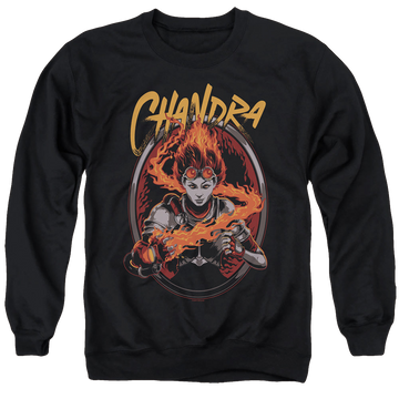 Black men's crewneck sweatshirt with Magic the Gathering Chandra graphic