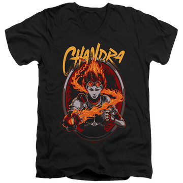 Black men's v-neck t-shirt with Magic the Gathering Chandra graphic