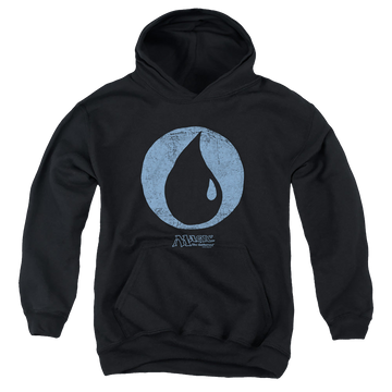 Black youth hoodie for ages 8 to 12 with Magic the Gathering Blue Symbol graphic