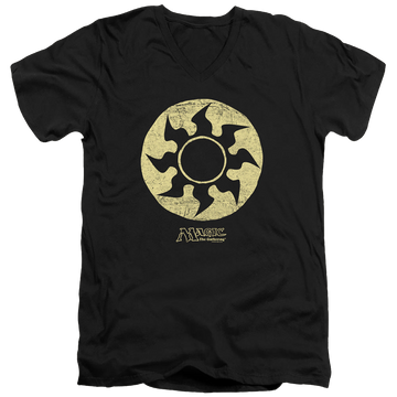 Black men's v-neck t-shirt with Magic the Gathering White Symbol graphic