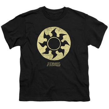 Black youth t-shirt for ages 8 to 12 with Magic the Gathering White Symbol graphic