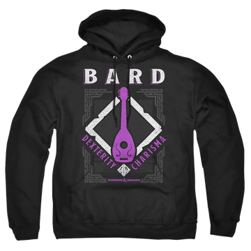 Black pullover hoodie with Dungeons & Dragons Bard graphic