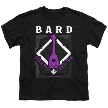 Black youth t-shirt for ages 8 to 12 with Dungeons & Dragons Bard graphic