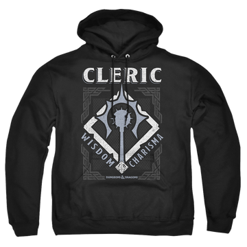 Black pullover hoodie with Dungeons & Dragons Cleric graphic