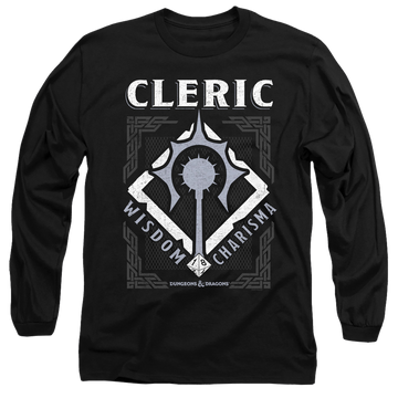 Black men's long sleeve t-shirt with Dungeons & Dragons Cleric graphic