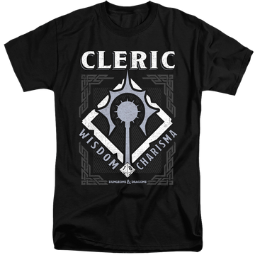 Black men's tall fit t-shirt with Dungeons & Dragons Cleric graphic