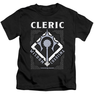 Black kid's t-shirt for ages 4 to 7 with Dungeons & Dragons Cleric graphic