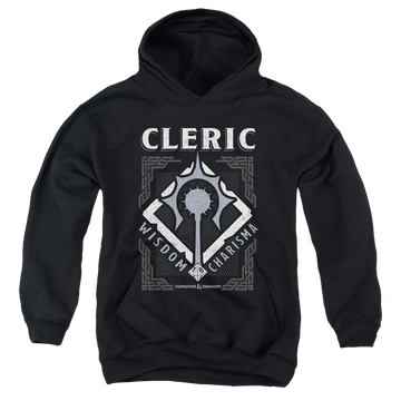Black youth hoodie for ages 8 to 12 with Dungeons & Dragons Cleric graphic