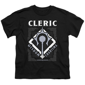Black youth t-shirt for ages 8 to 12 with Dungeons & Dragons Cleric graphic
