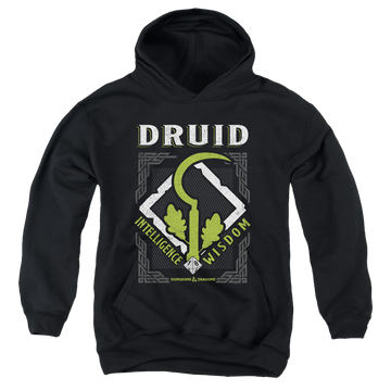 Black youth hoodie for ages 8 to 12 with Dungeons & Dragons Druid graphic