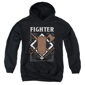 Black youth hoodie for ages 8 to 12 with Dungeons & Dragons Fighter graphic