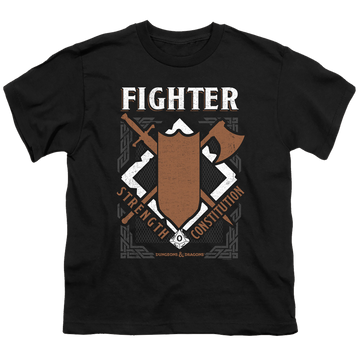 Black youth t-shirt for ages 8 to 12 with Dungeons & Dragons Fighter graphic